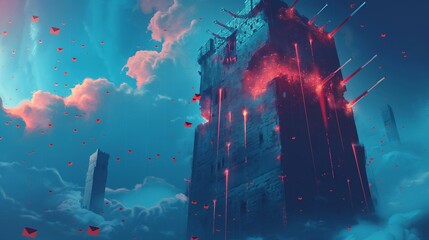 A firewall depicted as a towering, digital fortress under siege, with cannons of malware and phishing emails bombarding its defenses. 32k, full ultra hd, high resolution
