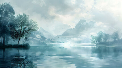 Serene Lakeside Landscape with Tranquil Reflections and Misty Mountains