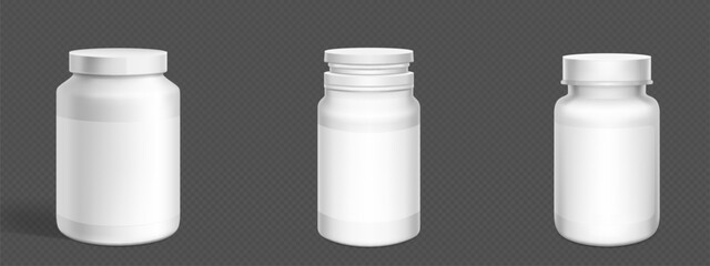 3d white plastic pill bottle. Supplement container package mockup. Medicine jar for capsule, drug, protein or aspirin with empty prescription label template and lid. Pharmaceutical pack mock up