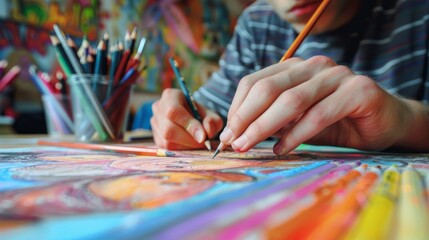 Fototapeta premium An artist drawing a colorful picture with colored pencils.