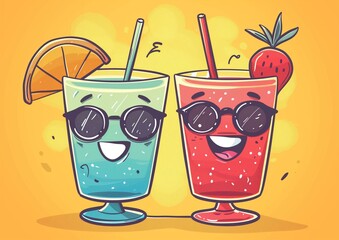 Colorful Cartoon Smoothie Characters with Sunglasses on Yellow Background