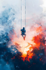 Solitary Swing in Ethereal Sunset Landscape:A Contemplative Escape into Nature's Tranquil Embrace