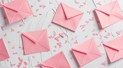 Pink envelopes on white background. Valentines Day