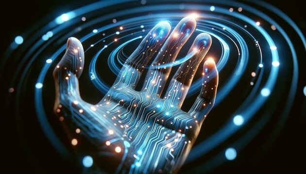 A hand with light circuits running through the skin, fingertips touching a glass surface causing ripples of digital code.