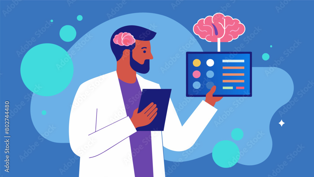 Poster a scientist analyzing brain scans noting the increased activity in areas associated with mood regula