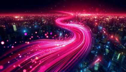 The swirling motion of a neon pink stream, dotted with glowing motes, capturing the vibrancy of a city at night.