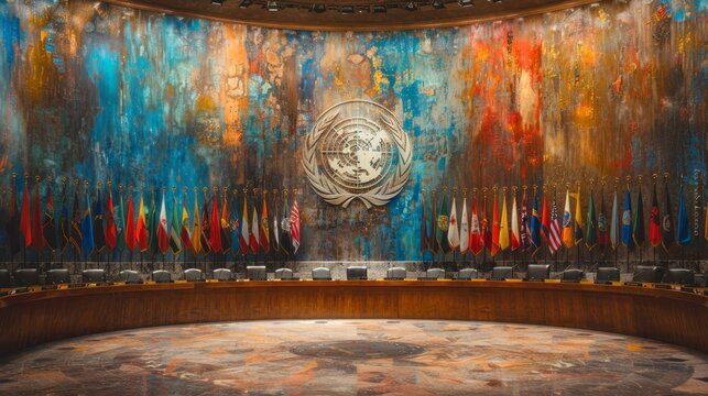 The United Nations Security Council chamber, with the colorful backdrop tapestry.