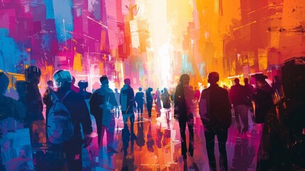 Fototapeta premium An abstract painting of people walking on a city street with bright, neon lights.