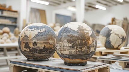 Large wooden globes with engraved images. - obrazy, fototapety, plakaty