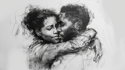 A drawing of a man and woman hugging each other. The woman is wearing a white shirt and the man is wearing a black shirt. Scene is one of love and affection