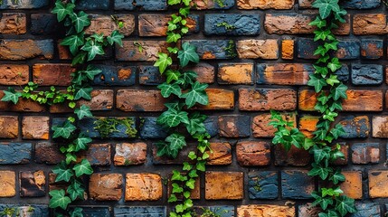   Close-up of a brick wall with plant climbing and clock nearby