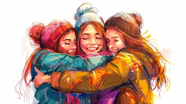 Three best friends hugging each other, cartoon, colorful