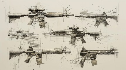 A series of guns are shown in a black and white photo. The guns are all different sizes and styles, with some having a more modern look and others appearing more traditional. Scene is one of contrast