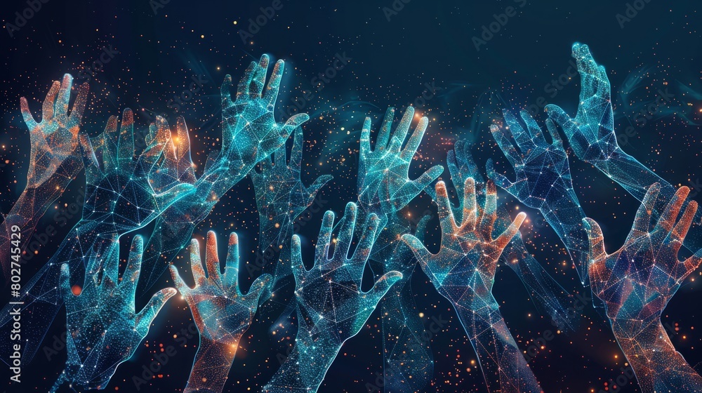 Poster a group of hands are shown in a blue and red color scheme. the hands are spread out and appear to be