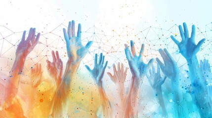 Colorful watercolor painting of hands reaching up with a white background and blue and orange accents.