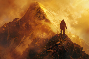 Triumphant Mountaineer Reaching the Summit of a Challenging Peak,Dramatic Landscape Backdrop of Towering Cliffs and Swirling Mist