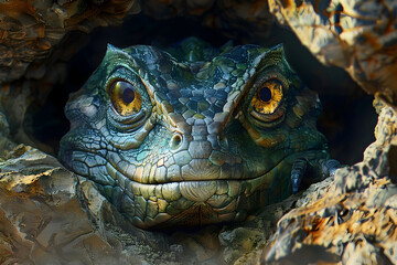Unblinking Basilisk Guarding its Hidden Treasure in the Depths of a Mystic Cave - obrazy, fototapety, plakaty
