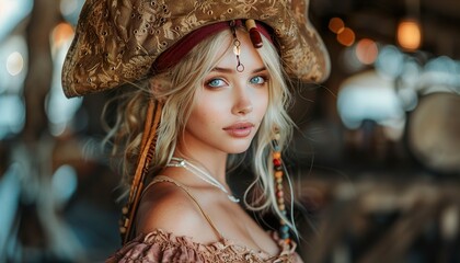 Fashion portrait of woman in pirate style at tavern 