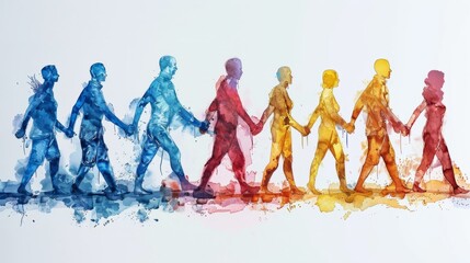 Aquarelle painting of people holding hands in a watercolor style.