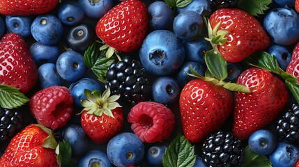 Fototapeta premium Berries, blueberries, raspberries, and strawberries arranged closely in a close-up pattern