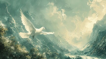 A white dove flies over a mountain valley.
