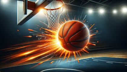 A basketball with an orange burst effect as it hits the net of a hoop, emphasizing the exciting moment of scoring.