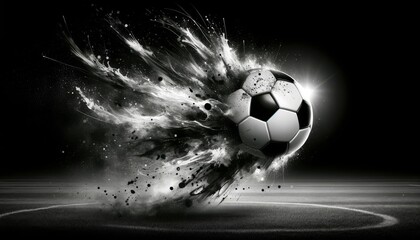 A soccer ball with a dynamic black and white splash effect at the moment of a powerful kick, capturing the essence of energy and movement.