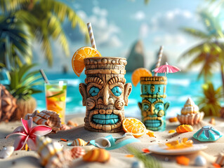 Vibrant Tiki-Themed Beach Party with Sandcastle Contest,Limbo Competition,and Coastal Cocktails - obrazy, fototapety, plakaty
