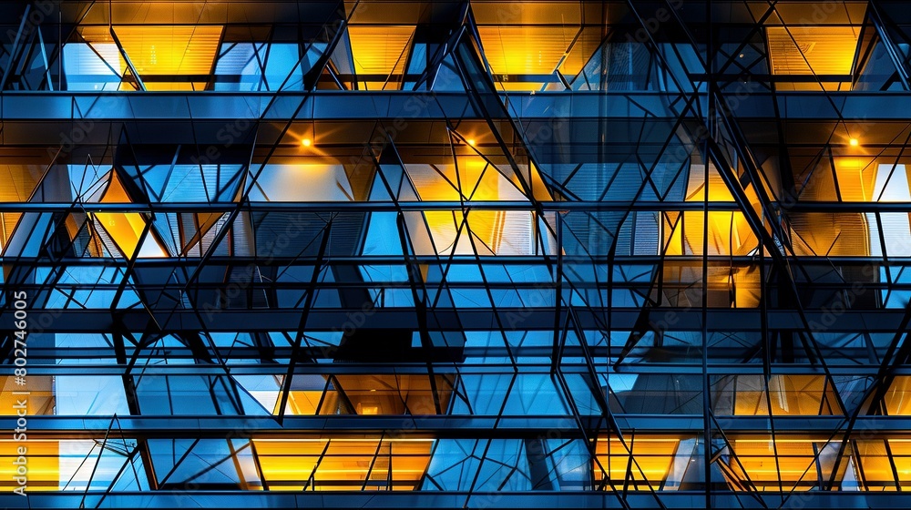 Poster a close-up of a building with numerous windows and a clock on the building's side during nighttime