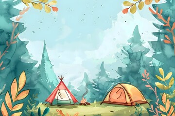 Cute cartoon camping frame border on background in watercolor style.