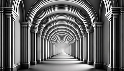 A series of arches in a hallway that progressively get smaller, creating the illusion of a much longer tunnel than it actually is.