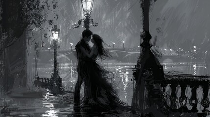 A couple is kissing in the rain. Scene is romantic and intimate. The rain adds a sense of intimacy and closeness to the scene