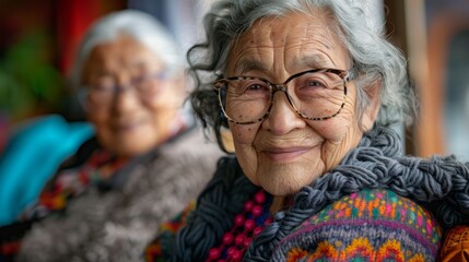 An elderly woman with gray hair and glasses smiles at the camera.