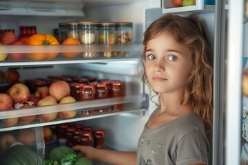 a girl opened refrigerator in kitchen