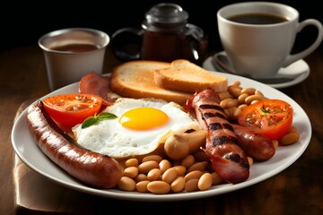  Close-up of a traditional English breakfast plate with fried eggs, sausages, bacon and toast, restaurant serving, generated by AI.