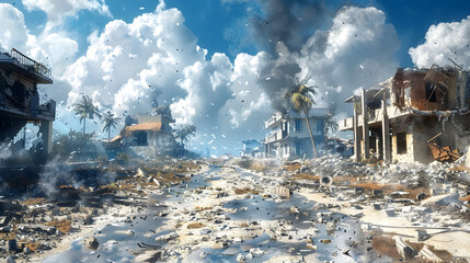 Watercolor Depiction of Rebuilding Life Amidst Hurricane's Destructive Aftermath:Cinematic 3D Render with Details