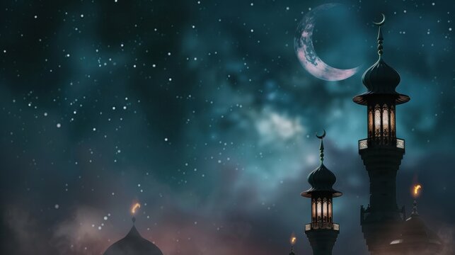 Muslim Events, Ramadan, Ramzan, Eid, Eid ul fitr, Eid ul Adha, Rabi ul Awwal, Muharram, Shab e Barrat, Shab e Miraj, Laila tul qaddar, moon night, Chand raat, qurbani. AI generated