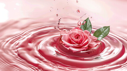 A delicate pink rose with droplets splashing in tranquil water