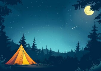 Serene Night Camping Under Starry Sky with Full Moon and Shooting Star