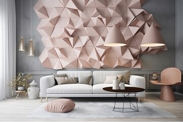 a living room with a couch and a lamp on the wall