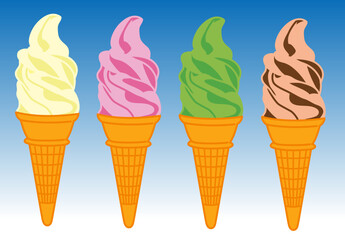 ソフトクリーム４種類、soft serve ice cream、whipped ice cream、バニラ、ストロベリー、抹茶、チョコ