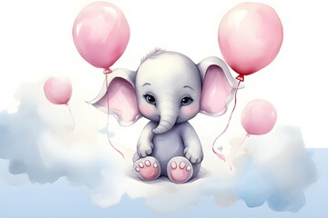Cute watercolor elephant with balloons on white background, created by AI