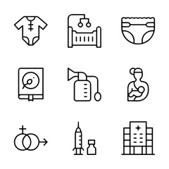 Set of line icons related to child care, international children day, kid rights, parenthood. Outline icon collection.