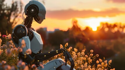 A humanoid robot is outdoors, enjoying the sunset like a cyborg.