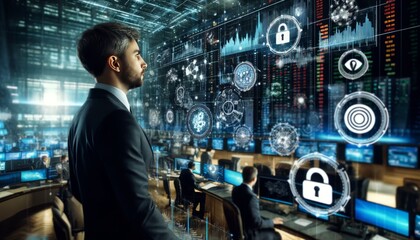A financial analyst on the trading floor, surrounded by digital screens with various data security and encryption icons.