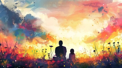 Fototapeta premium Father and daughter watching a beautiful sunset