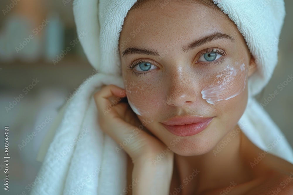 Wall mural a woman with a towel on her face is covered in cream. beauty routine: woman applying cosmetic oil to