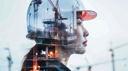 Fototapeta premium A woman engineer wearing a hardhat is depicted in a double exposure with a construction site, embodying the concept of construction and engineering.