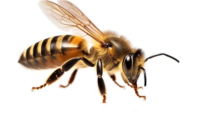 Beautiful honey bee in flight isolated on white background.