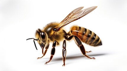 Beautiful honey bee in flight isolated on white background.